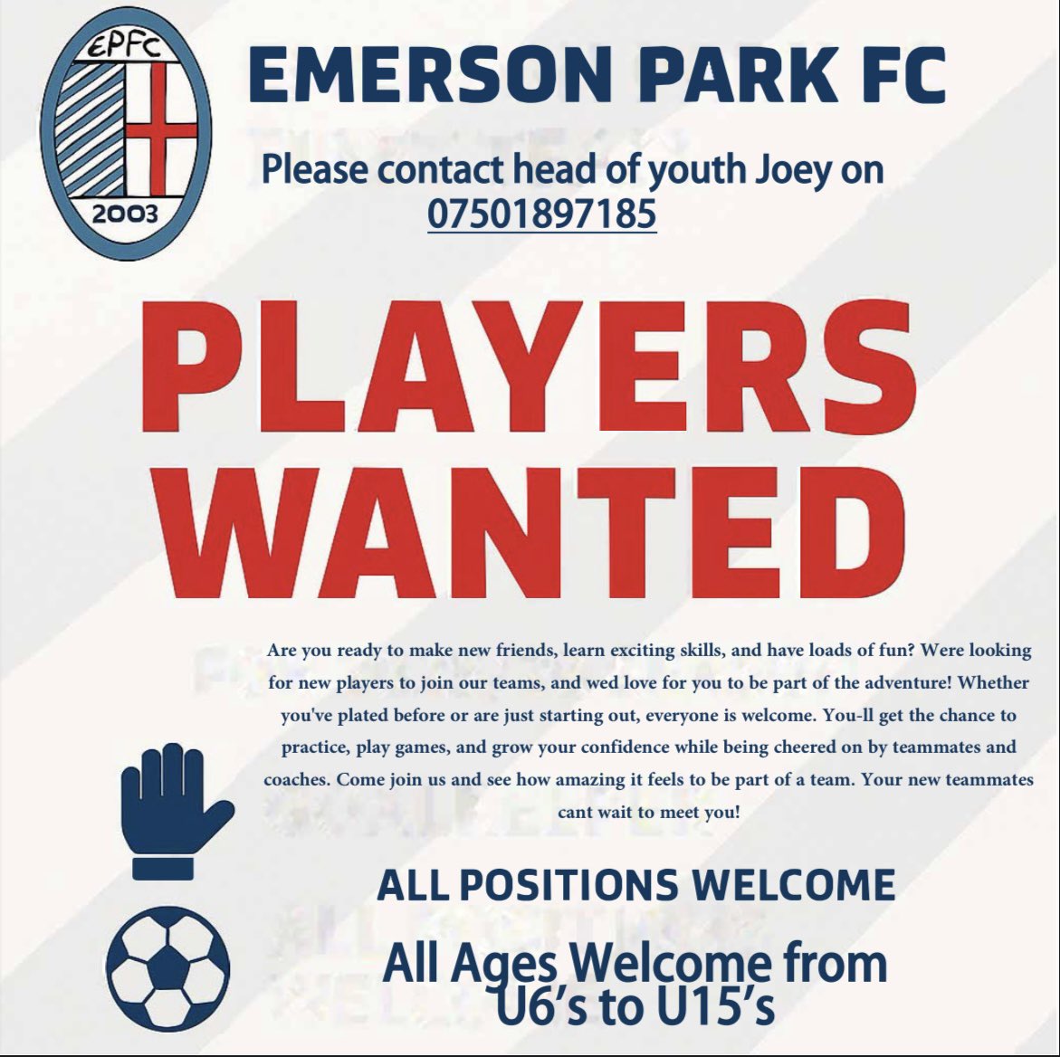 EPFC03's tweet image. Emerson Park FC are looking for players in all age groups. 

Please feel free to drop us a message for further information.