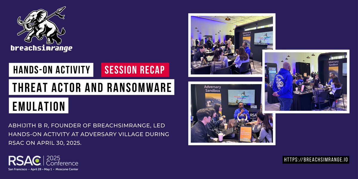 Throwback to #RSAC2025:
Hands-on activity on live ransomware emulation at <a href="/AdversaryVillag/">Adversary Village</a> , RSA Conference, San Francisco on April 30, 2025.

Learn more: breachsimrange.io

<a href="/abhijithbr/">Abhijith B R</a> 
#BreachSimRange #RSAC2025 #Ransomware #ThreatActors #AdversaryEmulation #CyberSecurity