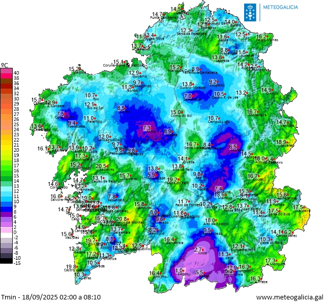 MeteoGalicia's tweet photo. Hoxe continuamos na influencia do anticiclón. A estabilidade propiciou pola noite inversións térmicas, tal e como vemos nos mapa das mínimas. En zonas altas non se baixou dos 15 ºC ( 20.8 ºC en #FornelosdeMontes), nos vales quedaron por baixo do 10 ºC (1 ºC #Calvos) https://t.co/L2Z34I1VIx