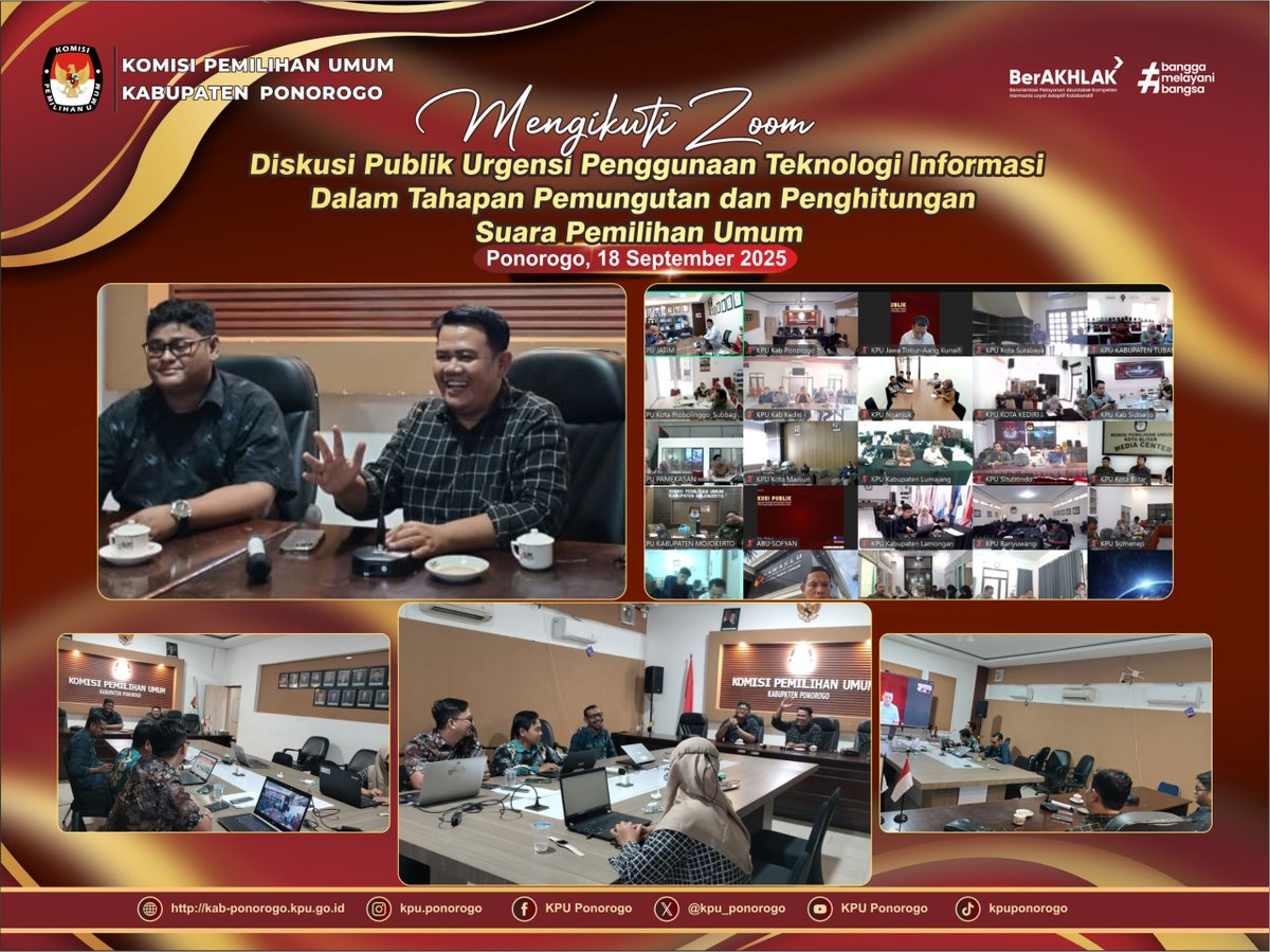 #TemanPemilih Kpu Kabupaten Ponorogo mengikuti zoom diskusi publik urgensi penggunaan teknologi informasi dalam tahapan pemungutan dan penghitungan suara pemilihan umum bersama Kpu Provinsi Jawa Timur.
#kpuponorogo2025