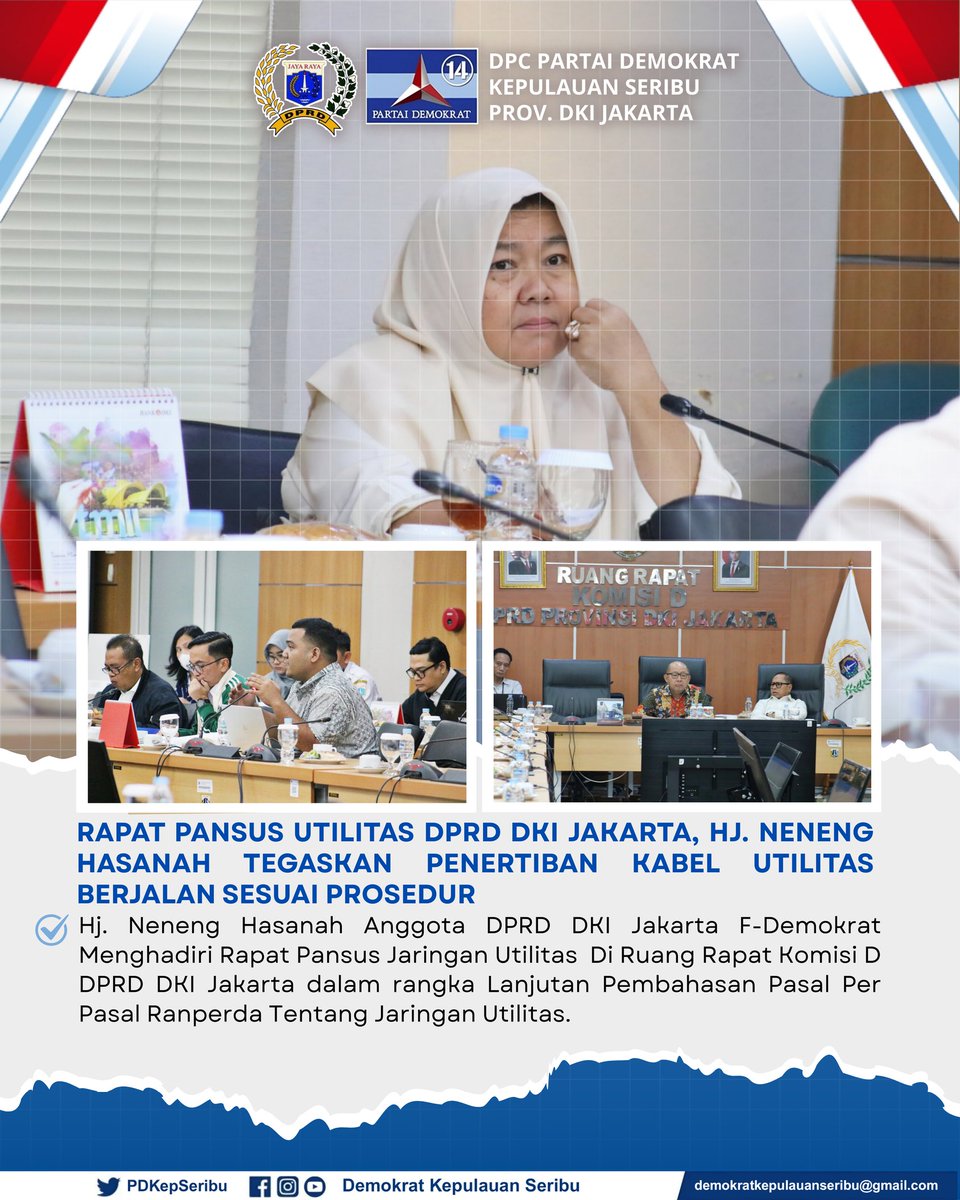 Rapat Pansus Utilitas DPRD DKI Jakarta, Hj. Neneng Hasanah Tegaskan Penertiban Kabel Utilitas Berjalan Sesuai Prosedur

Dalam hal ini beliau optimistis bisa mewujudkan harapan agar SJUT dapat mengintegrasikan berbagai jenis utilitas

#PartaiDemokrat #HNH #DemokratDKI