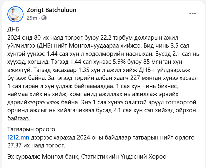 bzorigt's tweet photo. Бид $22.2B GDP-тэй. Үүнийг 1 сая гаран хүн л бүрдүүлж байна. Энэ 1 сая хүнийг эрүүл, тогтвортой орчинд ажлуулчихвал үлдсэн 2.5 сая хүн сайхан амьдарчих гээд бн. 80 их наядын 9%-тай тэнцүү борлуулалтын орлого том тоо шүү. https://t.co/4pYM78AaR4