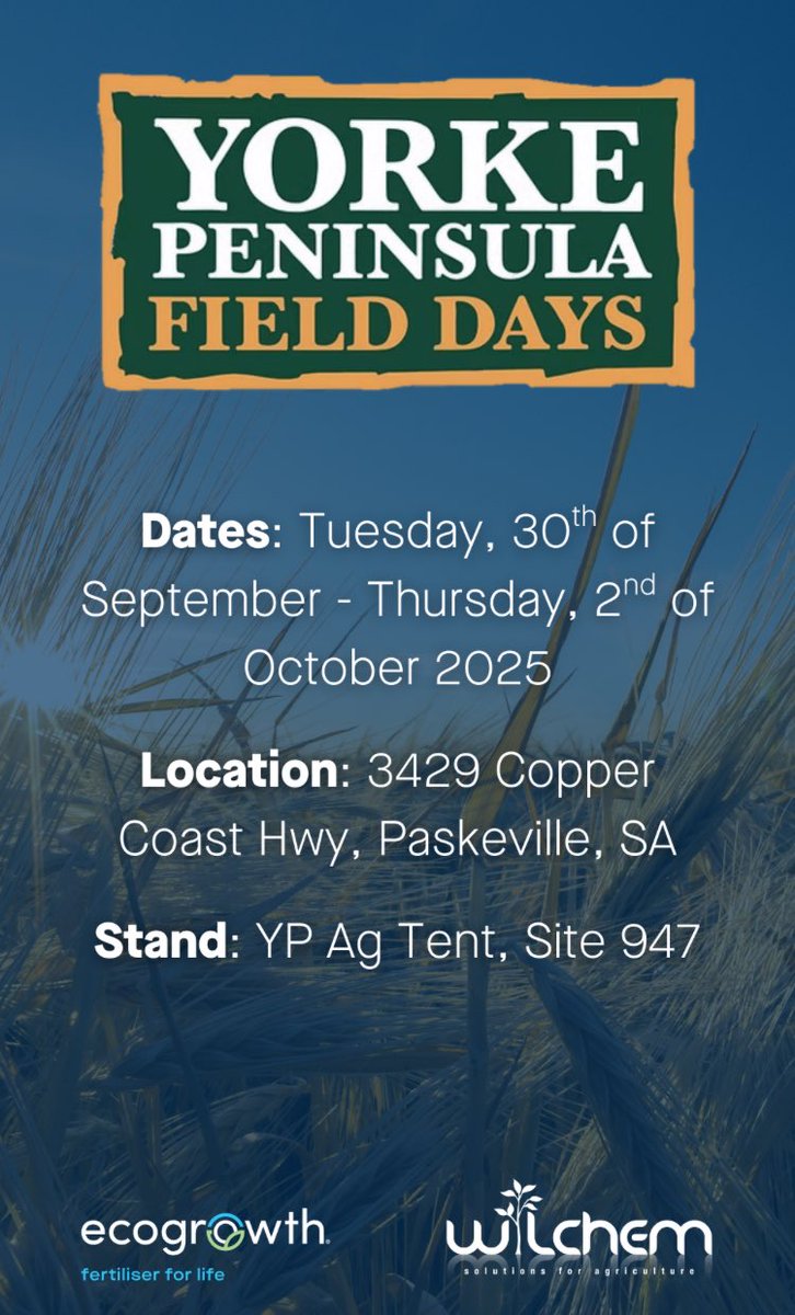 Wilchem will be at the YP Field Days from the 30th Sept. Drop in and say hi, and learn about the granular range from our partner Ecogrowth. #Wilchem #Ecogrowth #ypfielddays