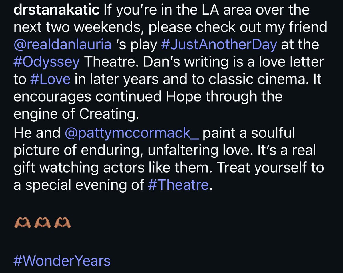 koshaid1's tweet image. #Repost by @/drstanakatic Ig post 

If you’re in the LA area over the next two weekends, please check out my friend @/realdanlauria ‘s play #JustAnotherDay at the #Odyssey Theatre…..

#StanaKatic 
#WonderYears #Love #Theatre