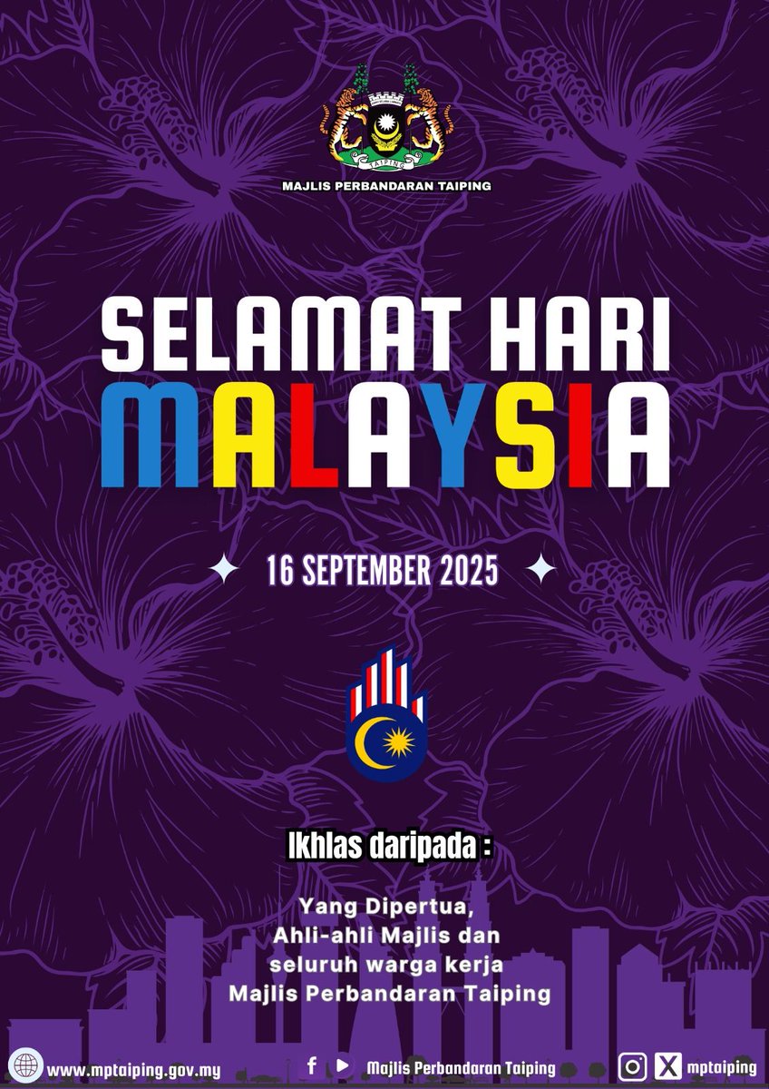 MPTaiping's tweet photo. Majlis Perbandaran Taiping mengucapkan Selamat Menyambut Hari Malaysia 2025 📷
Sambutan ini menjadi simbol perpaduan, semangat kemerdekaan &amp; kecintaan terhadap tanah air yang kita cintai.
Bersama kita kekalkan keharmonian dan kemajuan Malaysia yang gemilang. https://t.co/YrPoEeCgYr