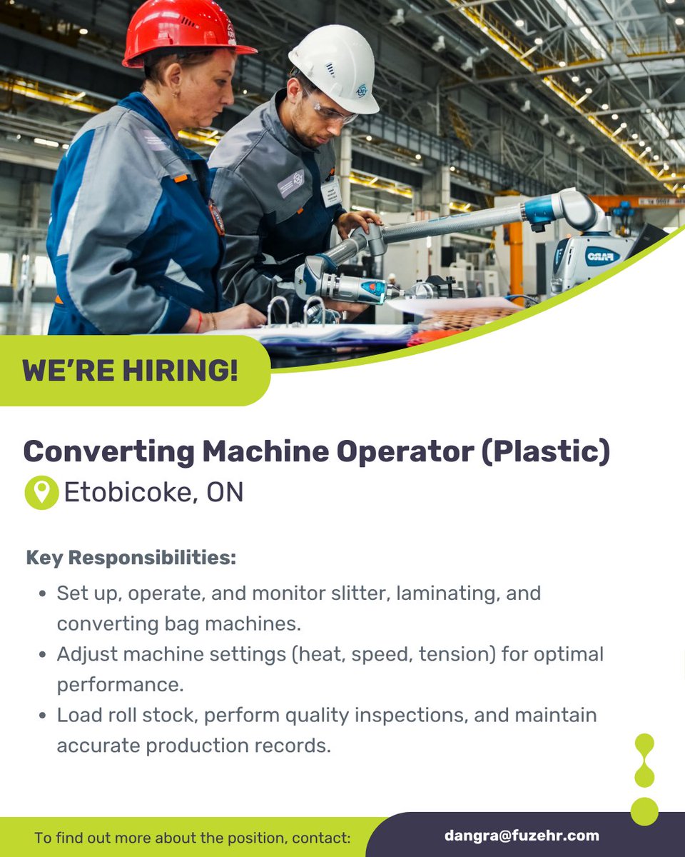 FuzeHR's tweet image. Now Recruiting: Converting Machine Operator – Etobicoke, ON

Apply Today! Send your CV to Dangra@fuzehr.com
Click here to see full details: ow.ly/qWce50WW0lM

#ManufacturingJobs #MachineOperator #EtobicokeJobs #PlasticsIndustry #FuzeHR #Ontario