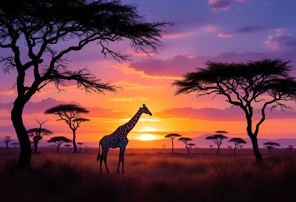 PromptSin's tweet photo. Experience the magic of dawn in the savannah—nature’s masterpiece awaits. 🌅🦒 Explore now! #WildlifeAdventures #SunriseSafari https://t.co/HxdIxzMvdq