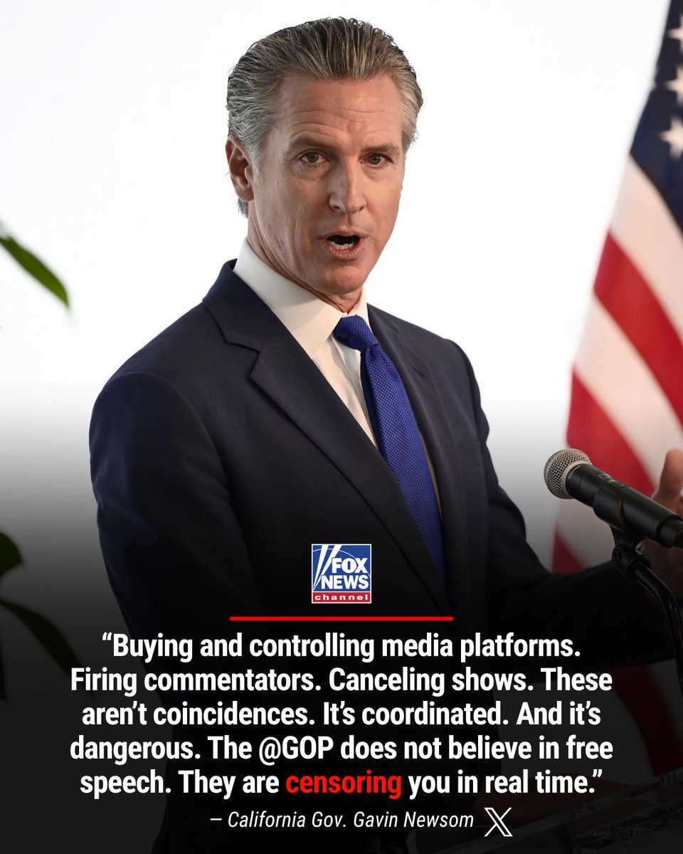 FoxNews's tweet image. 'IT'S DANGEROUS': California Gov. Gavin Newsom claimed Republicans are "censoring" Americans after ABC pulled Jimmy Kimmel's late-night show for his comments on Charlie Kirk's assassination.