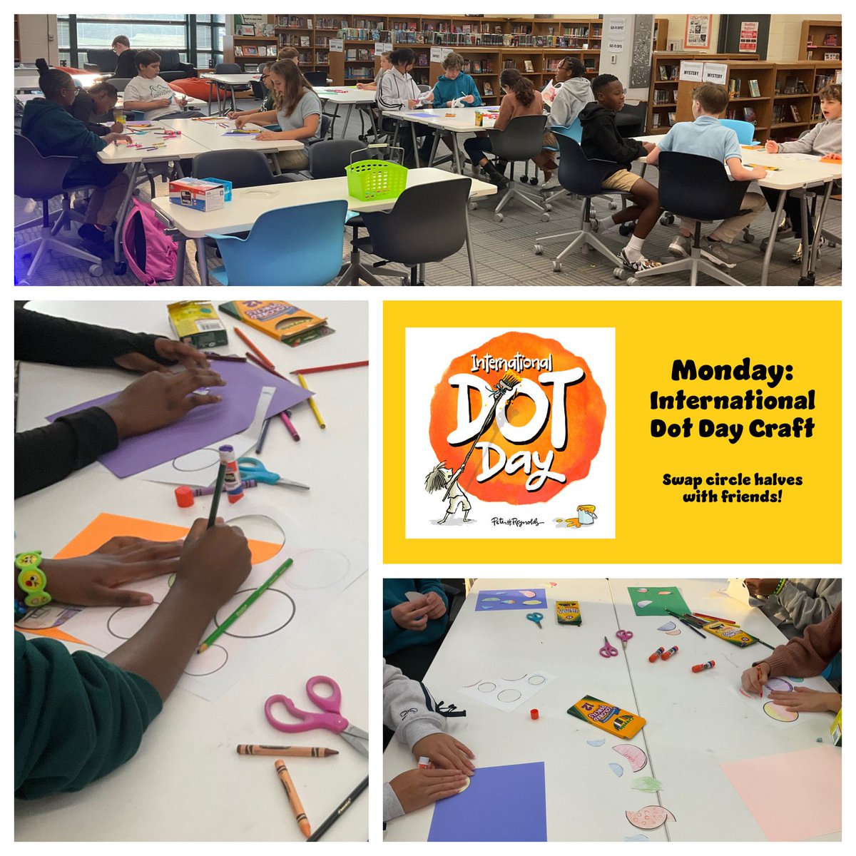 DCMSMediaCenter's tweet image. On Monday, we celebrated #InternationalDotDay which is inspired by a picture book. We put a twist on our dot creations, by swapping halves with others to produce unique collaborative designs. @DutchmanCreekMS @DotClubConnect @peterhreynolds #MorningEvents #ArtInTheLibrary
