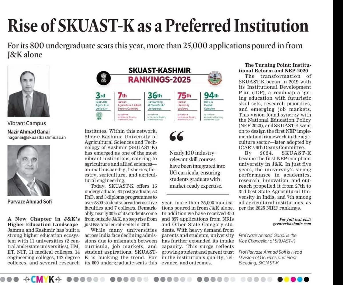 In just five years, the university’s strong performance in academics, research, innovation, and outreach propelled it from 27th to 3rd best State Agricultural University in India, and 7th among all agricultural institutions, writes VC <a href="/naziraganai/">Dr Nazir A Ganai</a> 
greaterkashmir.com/opinion/rise-o…