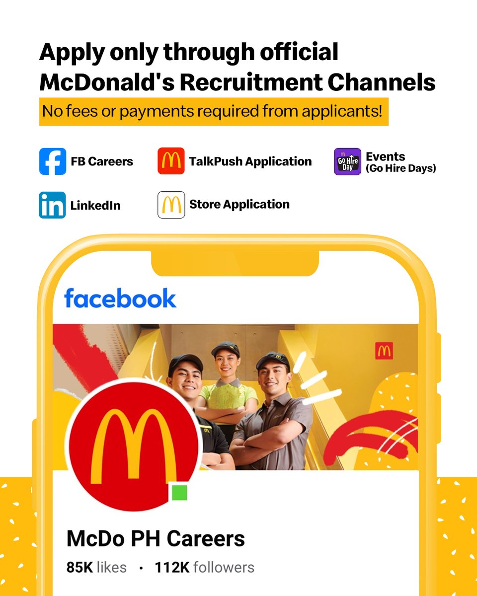 McDo_PH's tweet image. To all aspiring applicants, stay cautious of scammers pretending to be McDonald's recruiters. Always connect through official channels to ensure your safety.

Remember, we never ask for any payment or fees during the application process. #McDoPH #BestMe #Hiring