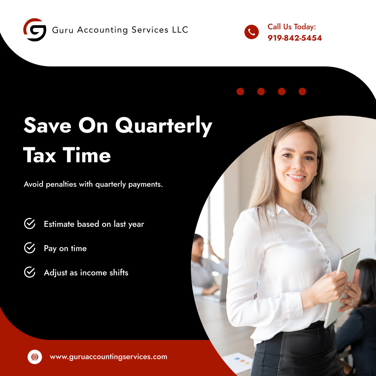 GuruAccountingS's tweet photo. Estimated tax payments are required for many. These tips help you avoid underpayment fees and surprise tax bills.

#QuarterlyTaxes  #RaleighNC #TaxAndAccountingServices https://t.co/El61TglUAr