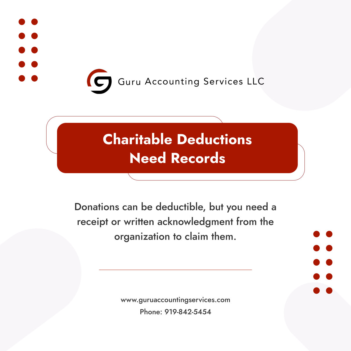 GuruAccountingS's tweet photo. Donations without proof may be denied as deductions. Always save receipts or written acknowledgments from charitable organizations to ensure compliance with IRS rules. 

#TaxAndAccountingServices #RaleighNC #TaxRecords https://t.co/Vp9WTshAhW