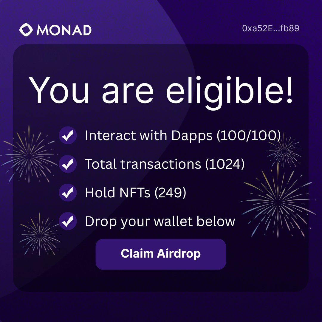 How to be eligible for the Monad Airdrop?🧐

A. Interact with Dapps
B. Make multiple transactions on Monad Testnet
C. Hold NFTs
D. Drop your wallet below
E. Follow <a href="/EcosystemMonad/">Monad Ecosystem</a> &amp; <a href="/monad/">Monad (mainnet arc)</a> 
 
Snapshot is ready 📸