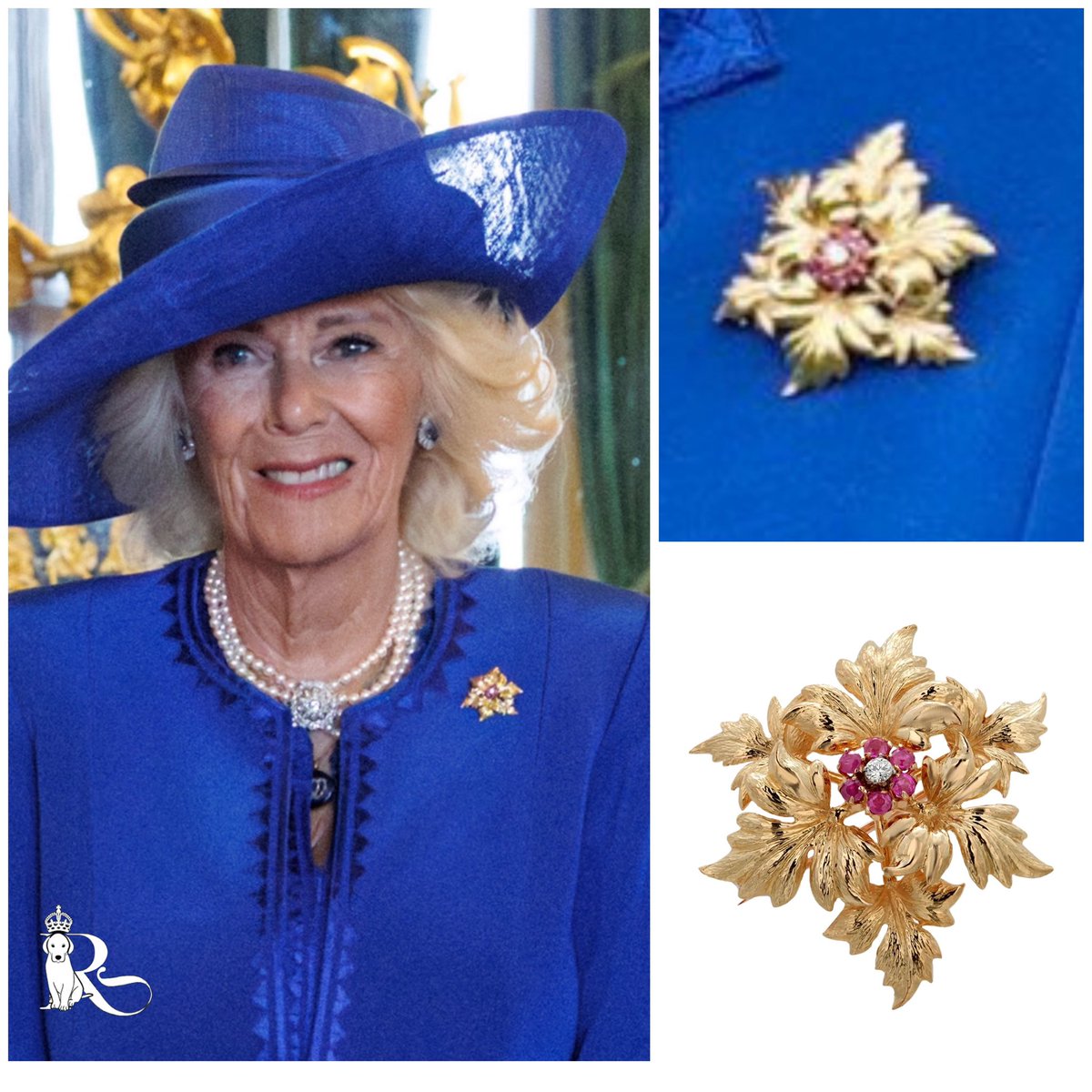 Today and as customary, The President and First Lady exchanged gifts with TM The King and Queen.  For Queen Camilla, they turned to American jeweler Tiffany &amp; Co., gifting her a vintage 18k gold, diamond, and ruby flower brooch.  Camilla placed this on her coat during the
