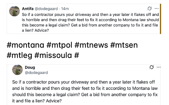 MontanaSource's tweet photo. @dodegaard 
1st, 70% Missoula hates your Ass.
2nd, Can't file a lien on yourself.
3rd, You were set-up, you AssClown
4th, 70% Missoula hates your Ass.
5th, The company that did your driveway have probably been bragging that they added extra lime just so it would only last a year. https://t.co/mjehLgi5VM