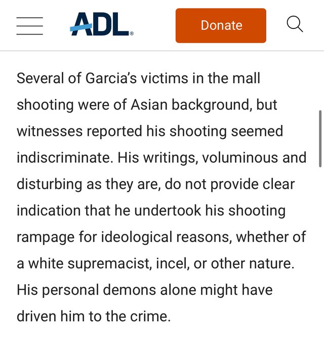 A webpage screenshot with the ADL logo at the top, featuring an orange "Donate" button and a search icon. Text discusses Mauricio Martinez Garcia and his mall shooting, noting victims of Asian background and his writings. A table lists names, including Aiden Hale, Mauricio Martinez Garcia, and others, with dates and numbers from 2022 to 2025.