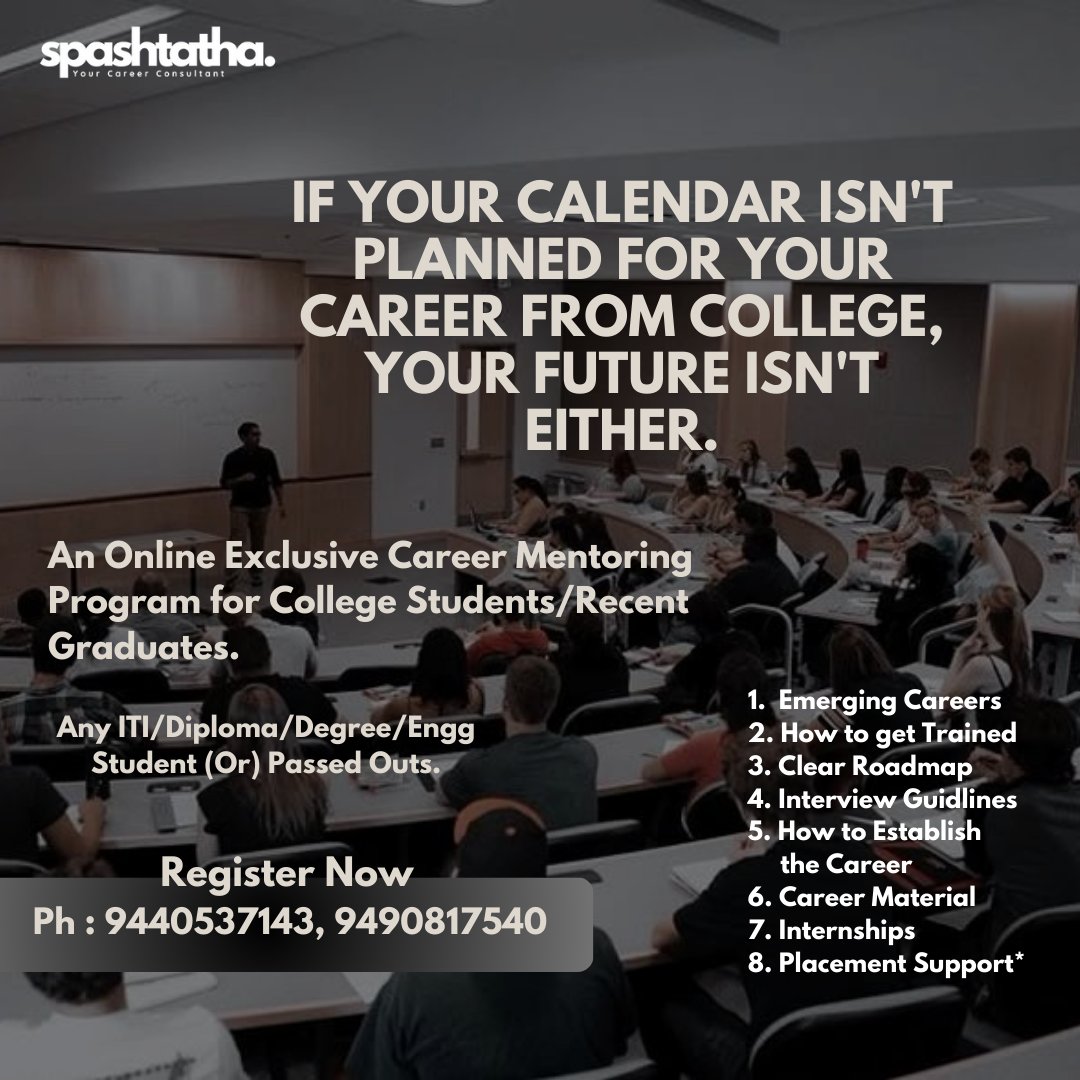 Spashtatha's tweet image. Set Your Career Calendar with #Spashtatha 
#స్పష్టత
#Career #Mentoring #Program
#ITI #Diploma #Degree #Engineering