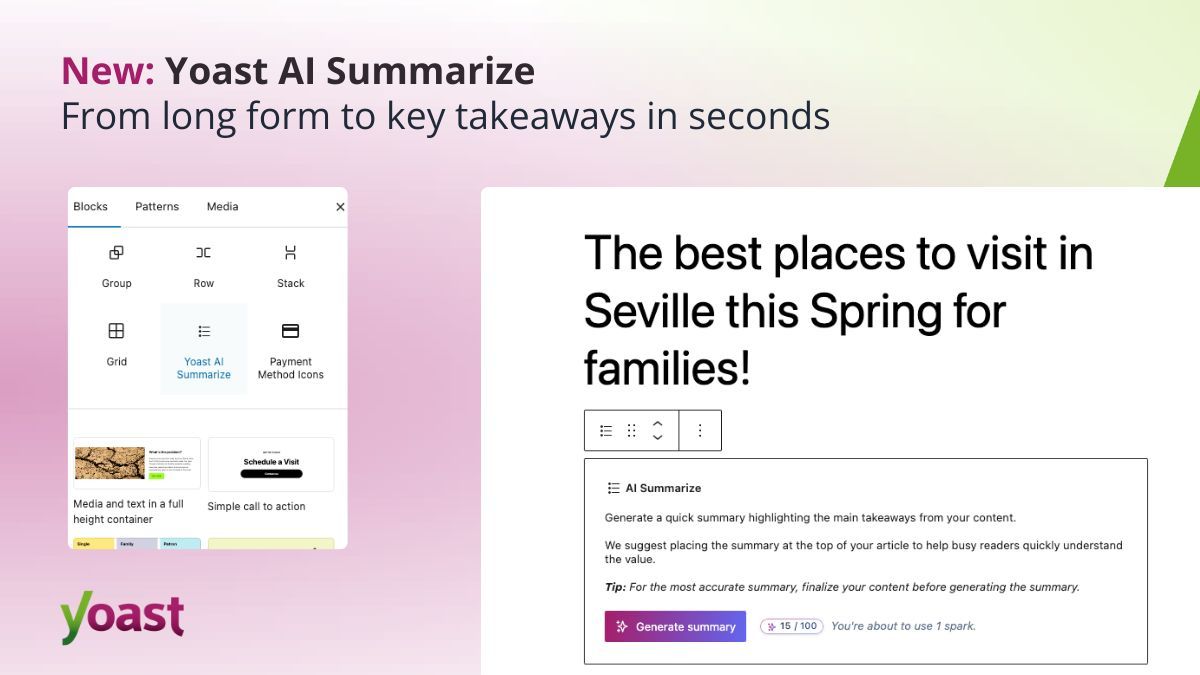 macinfosoft's tweet image. New: From longform to key takeaways, in seconds. Meet Yoast #AI #Summarize 
buff.ly/hQhbbSe