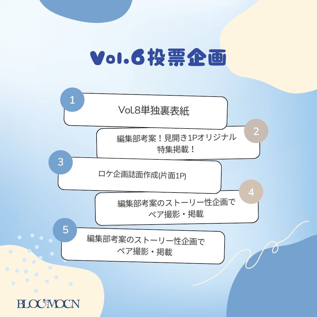 【Vol.6 BMモデル誌面投票 特典について】

投票期間は、「2025/12/28 23:59:59｣迄。
─────────

Vol.6での投票は、
Vol.8の誌面にて反映いたします。

🥇Vol.8単独裏表紙　
🥈オリジナル特集誌面作成！(見開き1P)
🥉ロケ企画誌面作成(片面1P)
4位・5位 ペア撮影・掲載

#BLOOMOON