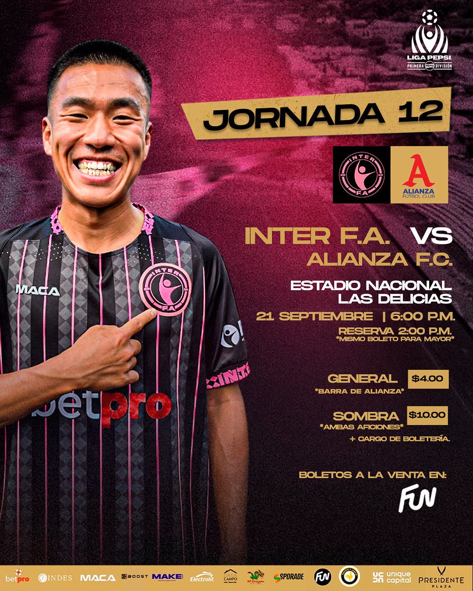 🔥 ¡Se viene un duelo imperdible!  

Este 21 de septiembre a las 6:00 p.m, el Inter F.A. se enfrenta a Alianza F.C. en el Estadio Nacional Las Delicias. 
 
Viví la emoción de la Jornada 12.  

🎟️ Boletos ya disponibles en FUN. 

🔗 interfavsalianza.funcapital.com