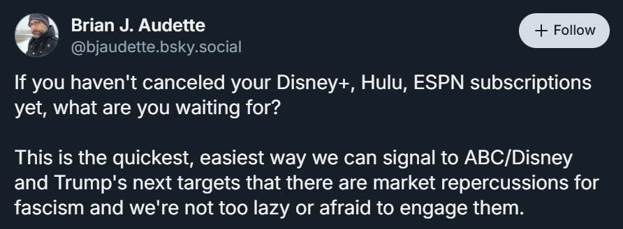 Senior Battlefield 6 designer joins many on Bluesky to boycott Disney+, Hulu, ESPN over the decision to cancel Jimmy Kimmel's show and instead host a tribute to Charlie Kirk.

Calls Trump admin "Fascism."

Yes, he also worked on Dragon Age...because of course he did.