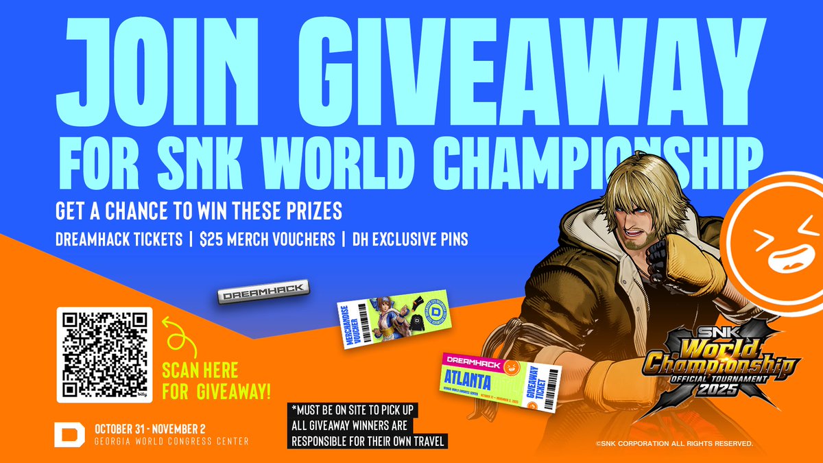 SNK esports official (@snk_esports_hub) on Twitter photo 📣GIVEAWAY TIME! 
We're giving FIVE(5) lucky winners the ultimate <a href="/DreamHack/">DreamHack</a>, Atlanta package inclusive of*: 
- 2 x 3-Day DreamHack Atlanta Tickets 
- 2 x $25 DreamHack Atlanta Merch Vouchers 
- 2 x DreamHack Atlanta-Exclusive Pins
Enter now: bit.ly/SWC2025_DreamH… 📣GIVEAWAY TIME! 
We're giving FIVE(5) lucky winners the ultimate <a href="/DreamHack/">DreamHack</a>, Atlanta package inclusive of*: 
- 2 x 3-Day DreamHack Atlanta Tickets 
- 2 x $25 DreamHack Atlanta Merch Vouchers 
- 2 x DreamHack Atlanta-Exclusive Pins
Enter now: bit.ly/SWC2025_DreamH…
