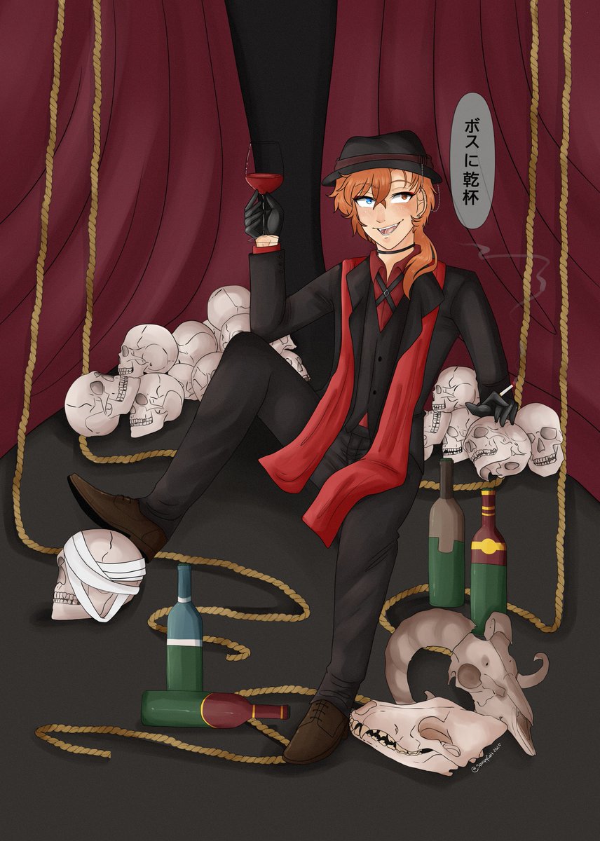 “cheers to the boss”
my piece from the <a href="/PortMafiaZine/">As Night Falls - A BSD Port Mafia Zine</a> featuring beast!chuuya and the aftermath of beast!dazai’s suicide. 

#bsdtwt #文スト #ビ文スト #chuuyanakahara