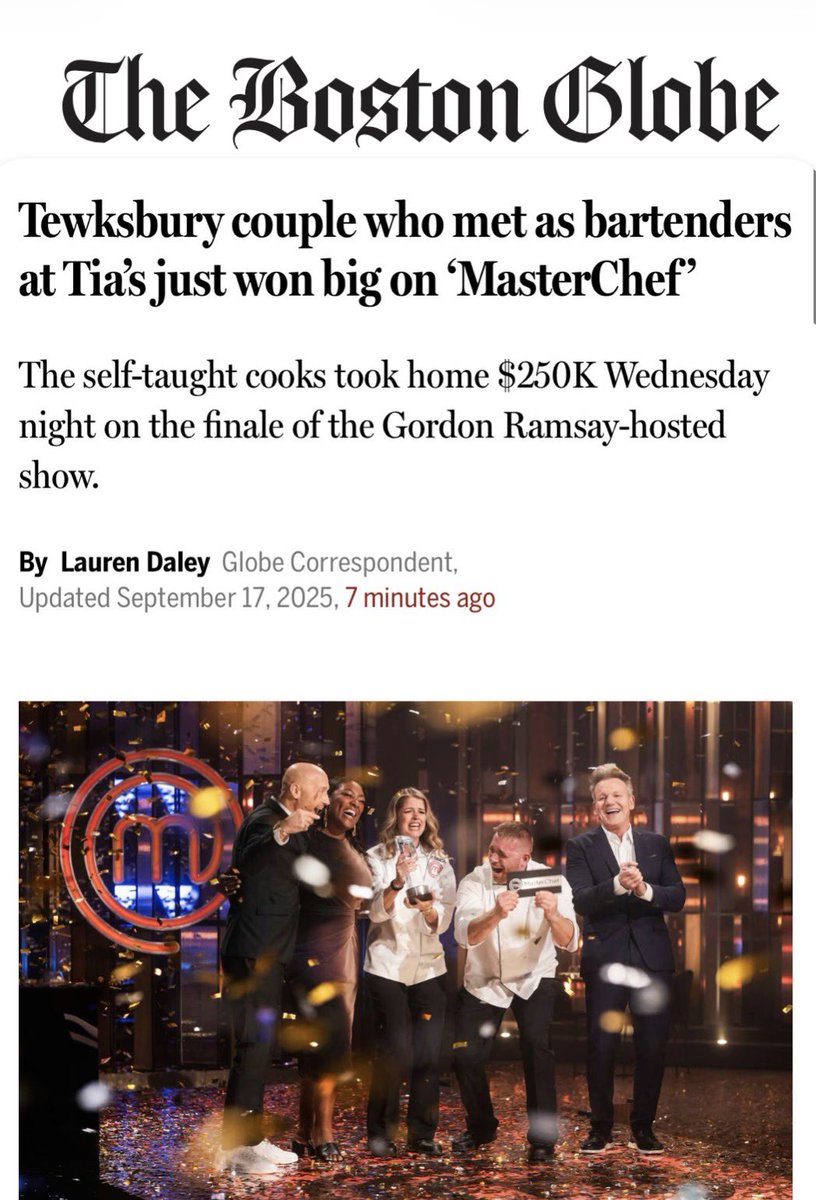 Lauren Daley (@laurendaley1) on Twitter photo Massachusetts for the win 💪
My latest for <a href="/BostonGlobe/">The Boston Globe</a>: former #Boston bartenders and self-taught cooks just won the #Masterchef finale. Look for their South Shore bar pizza coming soon 🤌
bostonglobe.com/2025/09/17/art… Massachusetts for the win 💪
My latest for <a href="/BostonGlobe/">The Boston Globe</a>: former #Boston bartenders and self-taught cooks just won the #Masterchef finale. Look for their South Shore bar pizza coming soon 🤌
bostonglobe.com/2025/09/17/art…
