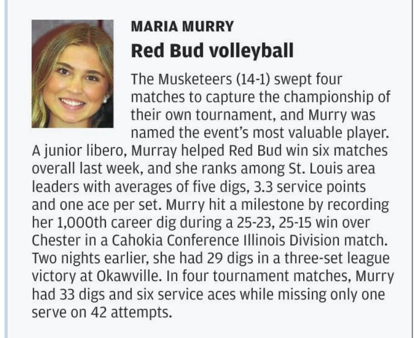rbhsvball's tweet photo. 🎉 CONGRATULATIONS, MARIA! 🎉
A huge shoutout to our incredible libero, #1 Maria Murry, for being named the STL Today High School Player of the Week! 🏐🔥This recognition is well-deserved, and we couldn't be prouder to have her leading our back row!
Keep digging deep, Maria! 💪🏻 https://t.co/SMFsqbzbpk