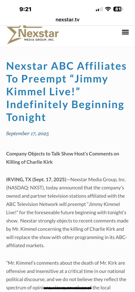 <a href="/GovKathyHochul/">Governor Kathy Hochul</a> Trump does not own Sinclair or Nexstar, the major owners of ABC affiliates. They both refused to broadcast Kimmel and demanded the FCC and ABC take action….. But of course, facts are not important to you. All you know how to do is blame Trump, and that's not working anymore.