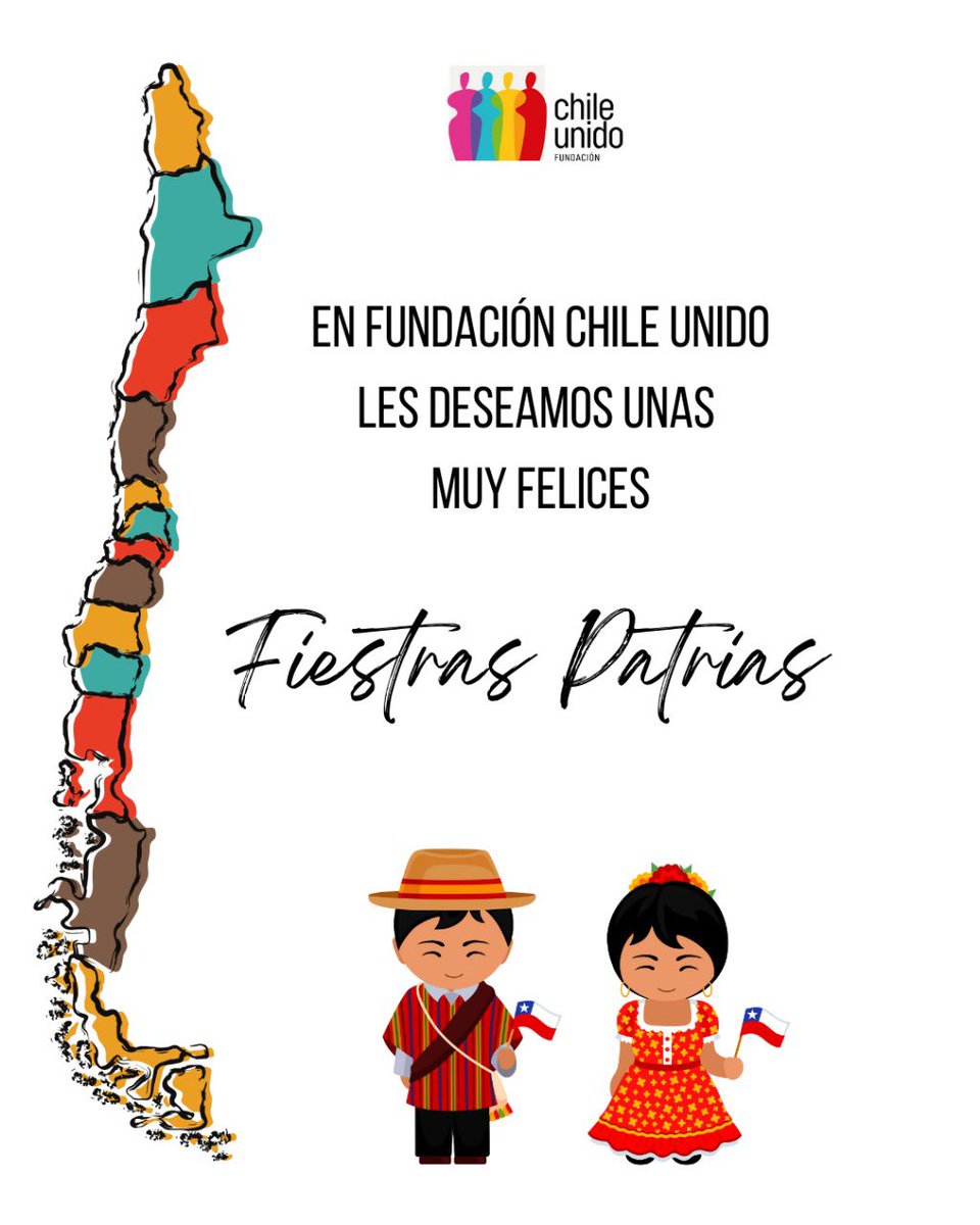 ¡FELICES FIESTAS PATRIAS! 
📌En Fundación Chile Unido les deseamos unas Felices Fiestas Patrias junto a sus familias y seres queridos, esperando q sea una instancia de celebración y unión para todos
🇨🇱Un Chile + humano es un Chile + unido!
#FiestasPatrias 
#18DeSeptiembre #Chile