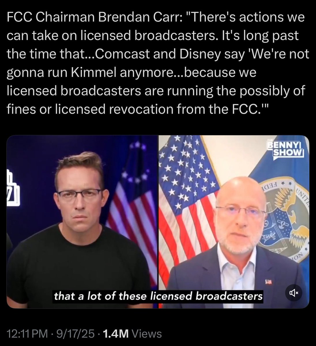 MeidasTouch's tweet photo. FACT CHECK: The FCC licenses individual local broadcast stations (such as ABC-owned-and-operated stations like WABC-TV in New York or KABC-TV in Los Angeles, and its numerous affiliates across the U.S.).

FCC chair Carr threatened to come for these licenses earlier today. Benny Johnson posted excitedly about it!