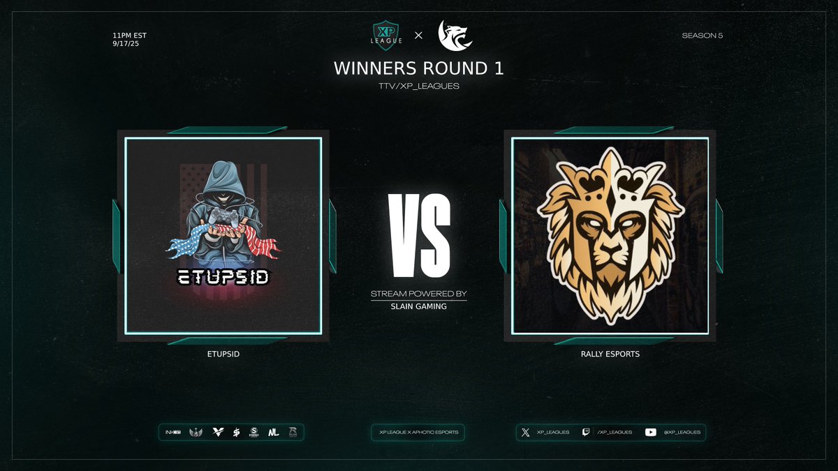 🟣XP x <a href="/AphoticOfficial/">Aphotic</a>  Season 5🟣

Winners Round 1
Etupsid 🆚 <a href="/rally_esports/">Rally Esports</a> 

🎙: <a href="/The_GamingChef/">The_GamingChef🍴</a> &amp; <a href="/Matteo_Graff/">Matteo "Graff" Guidolin</a> 
🎥: <a href="/xCrunchify/">xCrunchify</a>
📺: twitch.tv/xp_league
🔋Stream Powered By <a href="/SlainGGs/">SLAiN Gaming</a>