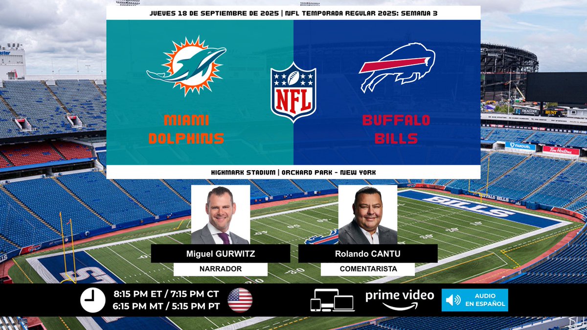 ProgramacionUS's tweet photo. 🏈 #NFL 🇺🇸 | @MiamiDolphins vs. @BuffaloBills
🎙️Narrador: @Miguel_Gurwitz
🎙️Comentarista: @RolandoRCantu
💻📱@PrimeVideo - Audio en Español 🇺🇸
#️⃣ #TNFenPrime - #MIAvsBUF https://t.co/sN9bMDpyKY