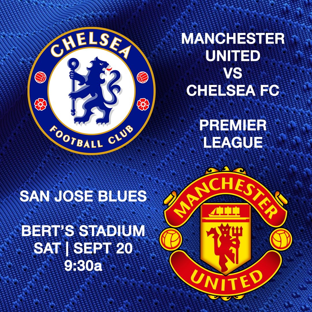Man United vs Chelsea FC. 
Saturday, September 20 at 9:30AM. 
Join us at Bert’s Stadium Sports Bar (The Stadium). 
208 S Fair Oaks Ave, Sunnyvale, CA 94086
<a href="/CFCInAmerica/">Chelsea In America</a> <a href="/CarefreeCA1905/">Carefree California ⭐⭐</a>