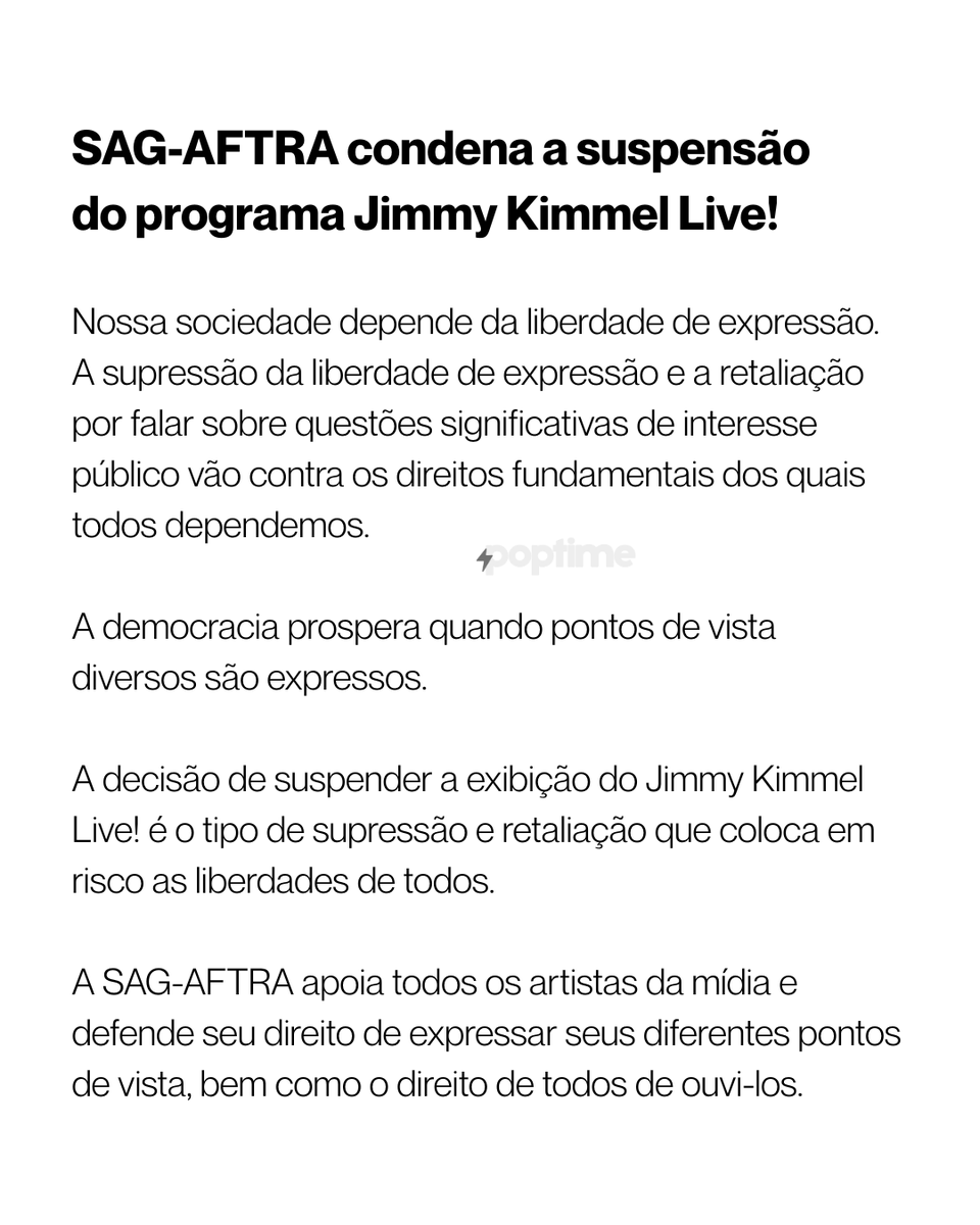 O Sindicato dos Atores dos EUA condenou a suspensão do 'Jimmy Kimmel Live!':

"A democracia prospera quando pontos de vista diversos são expressos. A decisão de suspender a transmissão do Jimmy é o tipo de repressão e retaliação que coloca em risco as liberdades de todos."