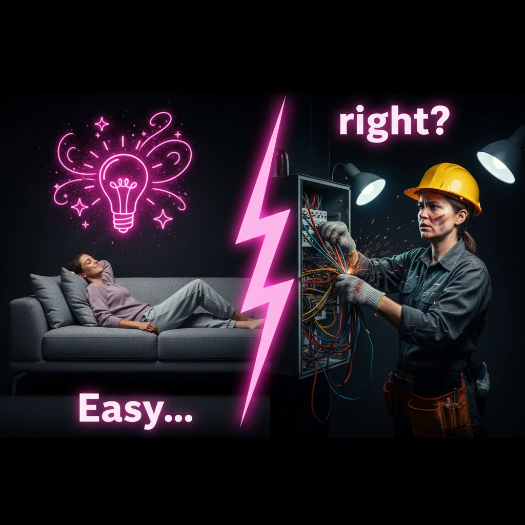 PlugLight's tweet image. &quot;Flip the switch, problem fixed!&quot; they say;
But we’re elbow deep in wires by midday. 
Easy as pie? More like crawling in dust,
Building magic with skills you can trust. 🔌😉 #Electricians #RealityCheck #PlugLightBulb