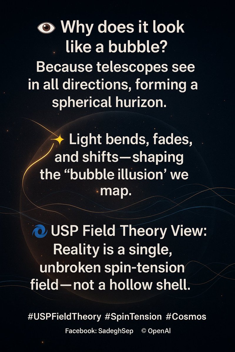 Sadeghsepehri's tweet image. The universe isn’t a bubble 🌌 — it’s a continuous spin-tension field. What we see as a bubble is just our horizon illusion. #USPFieldTheory #Cosmos #SpinTension #resonance