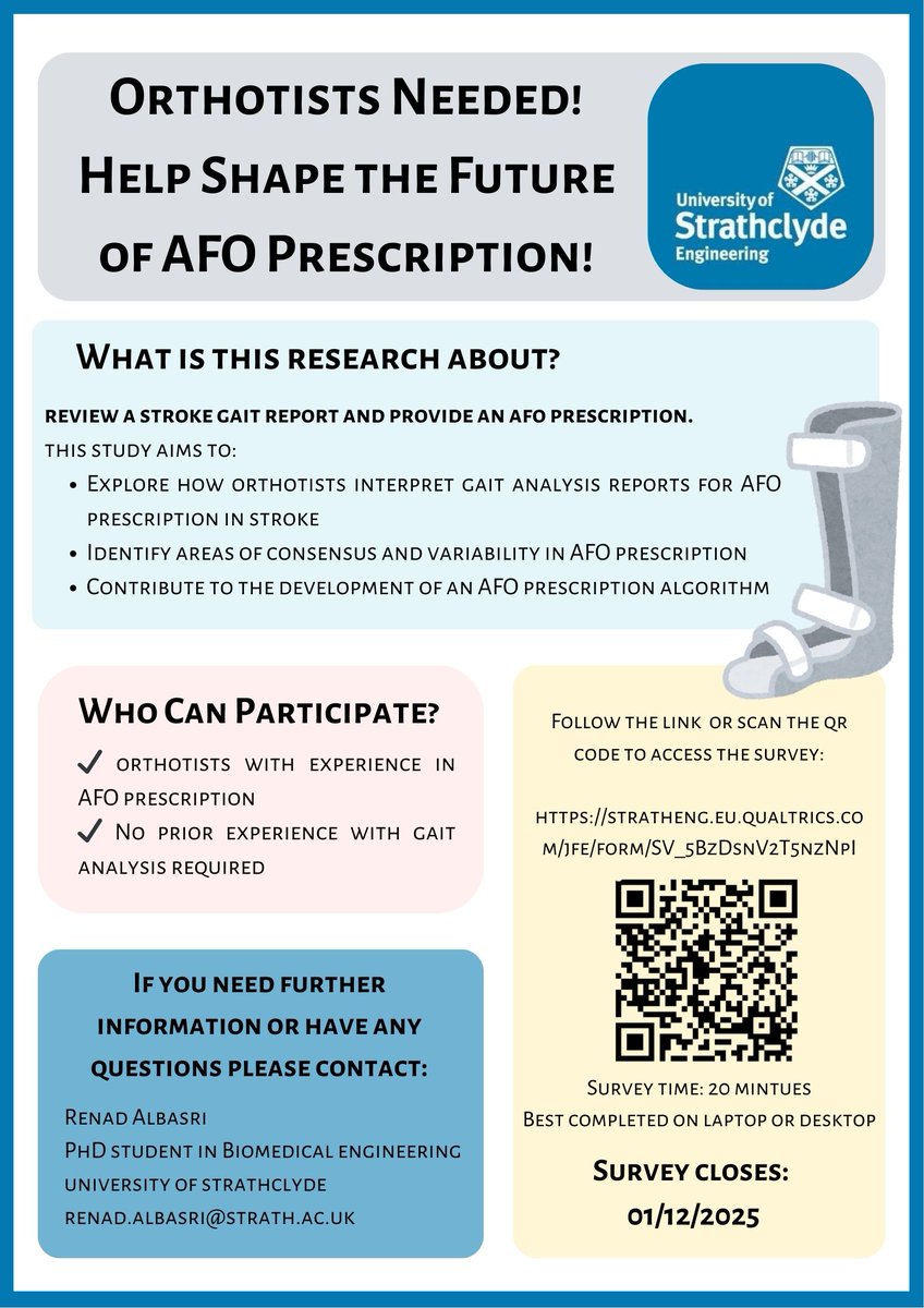 RenadAlbasri's tweet photo. I am inviting all orthotists to take part in a survey as part of my PhD research at the University of Strathclyde.

You can take part by scanning the QR code or clicking the link below: 
https://t.co/P8Q6Xw1EGk https://t.co/Vqficpkcdj