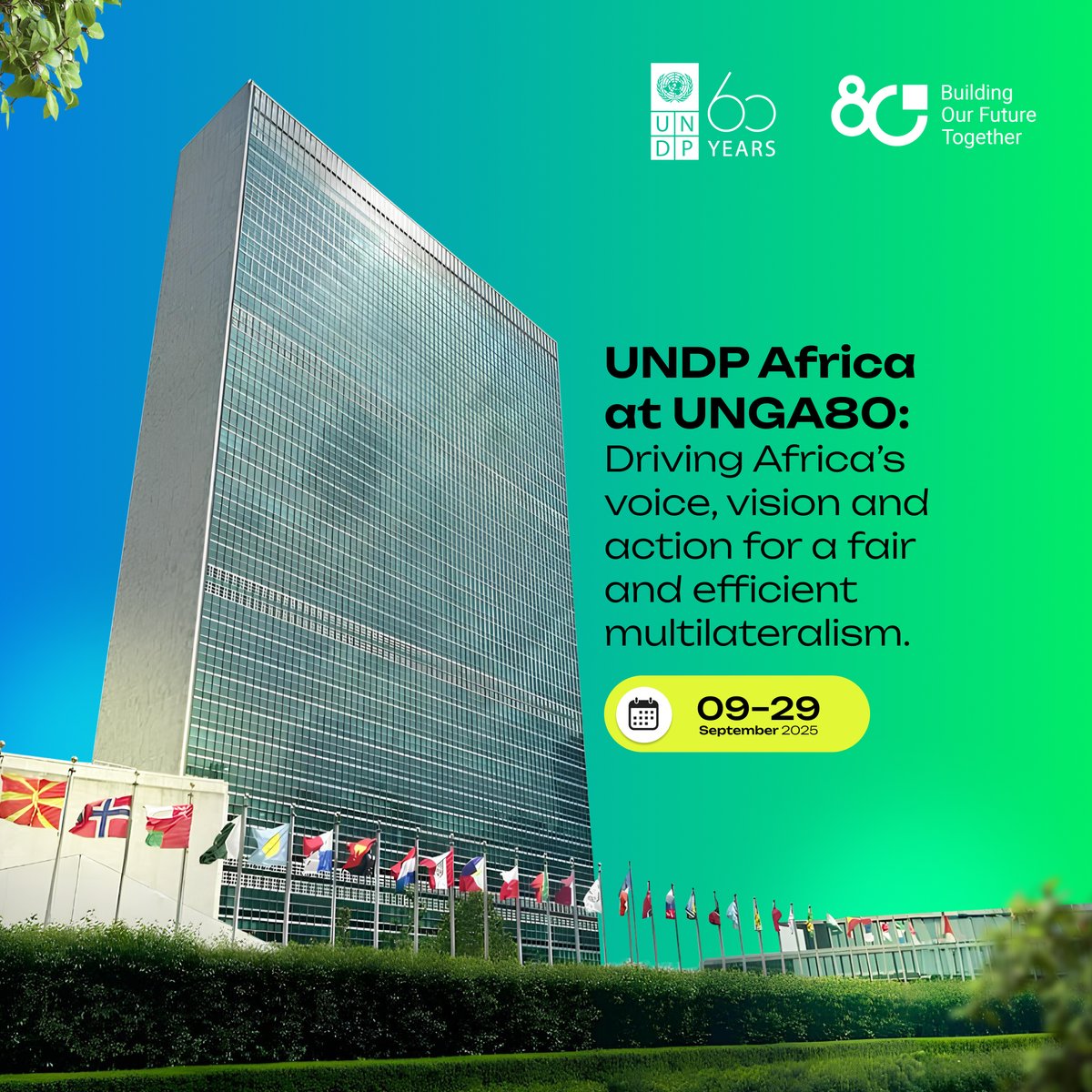 #UNGA80 is not just a milestone.
It is a reckoning.

The <a href="/UN/">United Nations</a> at 80 must work for tomorrow’s challenges.
<a href="/UNDP/">UN Development</a> at 60 stands with Africa to rewire development for the next generation.

➡️Follow us to join key Africa conversations during #UNGA2025
#UNGA
