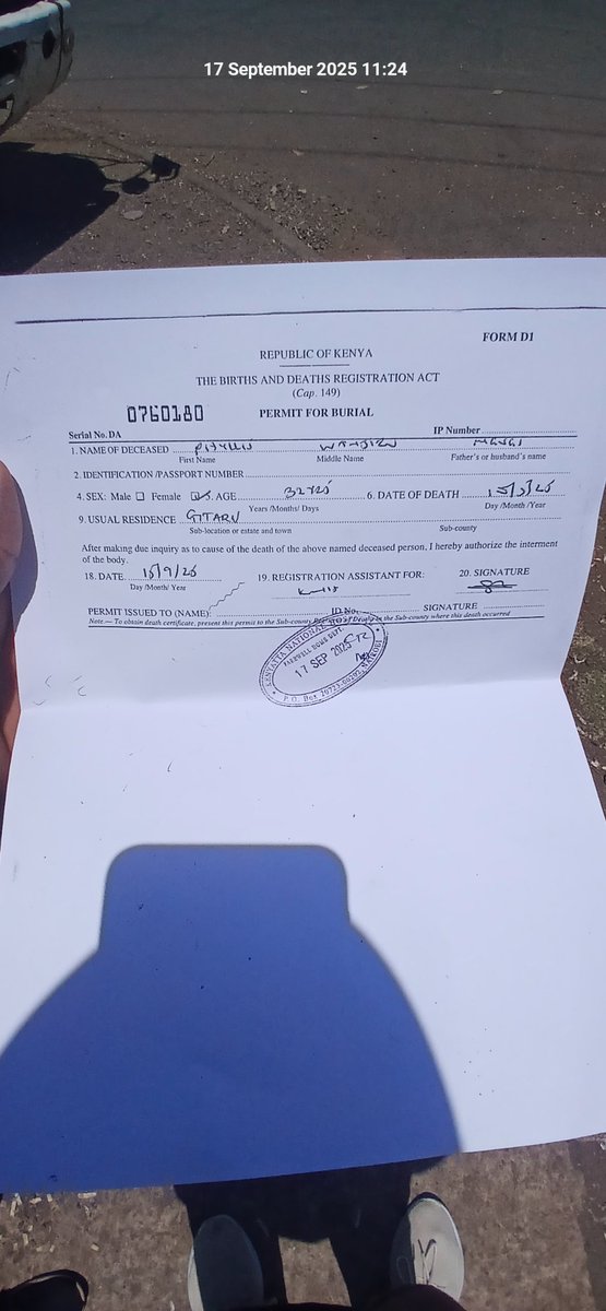First time holding a burial permit.
My wife was still young, she didn't deserve to be killed at St Teresa Kikuyu Hospital.