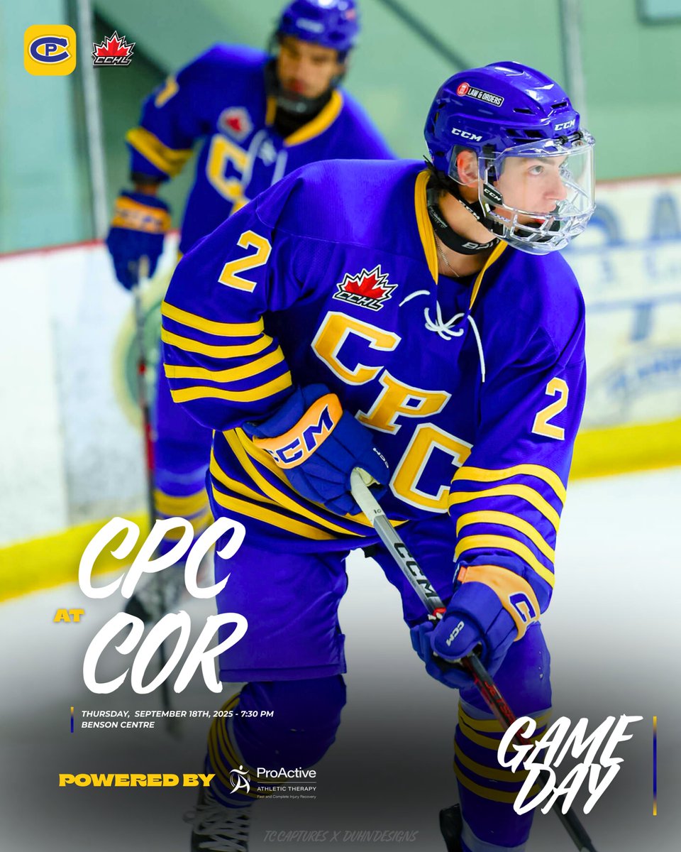 CPCANADIANS's tweet photo. CANADIANS GAMEDAY
Powered by our friends @proactiveathletictherapy 

It’s the Canadians first game of the 2025-26 CCHL regular season as they hit the road for Cornwall. Puck drop is set for 7:30PM!

Catch the action live on @flohockey 

🔵🟡🔵
#CPC https://t.co/pXeCaRbRXL