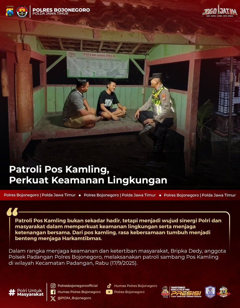 Patroli Pos Kampling, Perkuat Keamanan Lingkungan 

@divisihumaspolri
<a href="/spripim/">spripim_kepri</a>.polri
@humaspoldajatim
<a href="/gegana_id/">GelisahGalauMerana</a>

#netralitaspolri
#PresisiUntukIndonesia
#HumanisTegakkanHukum
#PolresBojonegoro
#PoldaJawaTimur