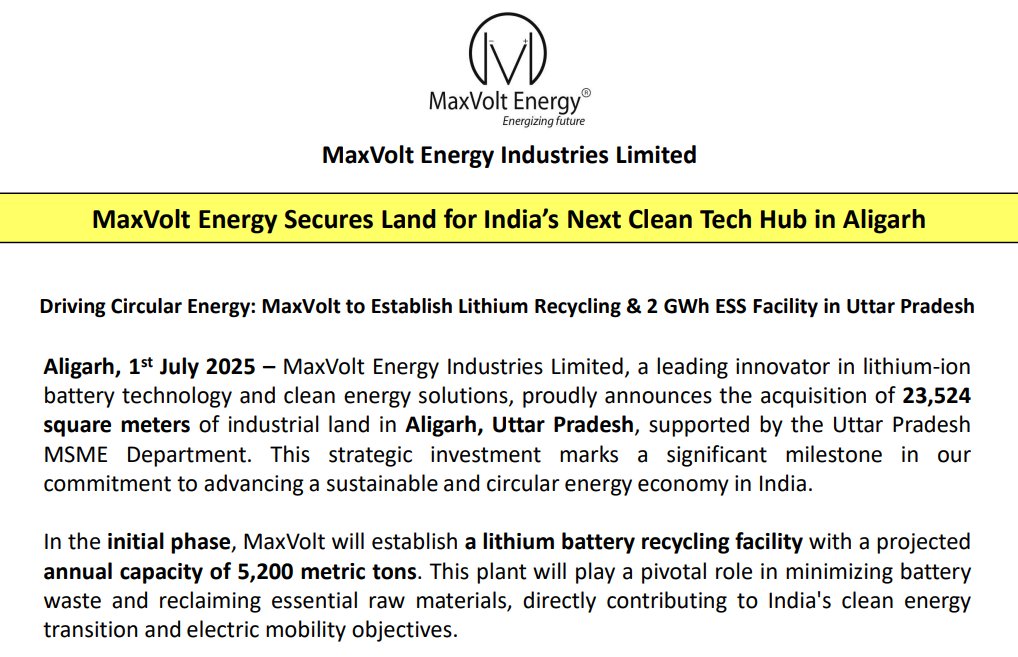 InvestorMind_'s tweet image. #Maxvolt #MaxvoltEnergy
📌 MaxVolt Energy Industries Ltd – EV Battery + Recycling Play🔋⚡

📍MCap: ₹245 Cr | P/E 24x | FY25 PAT ₹10 Cr🚀

📌📌➡️➡️
▪️MaxVolt is engaged in manufacturing Lithium-ion batteries under brand name "MaxVolt Energy"✅

▪️Products used in:
➢ EVs