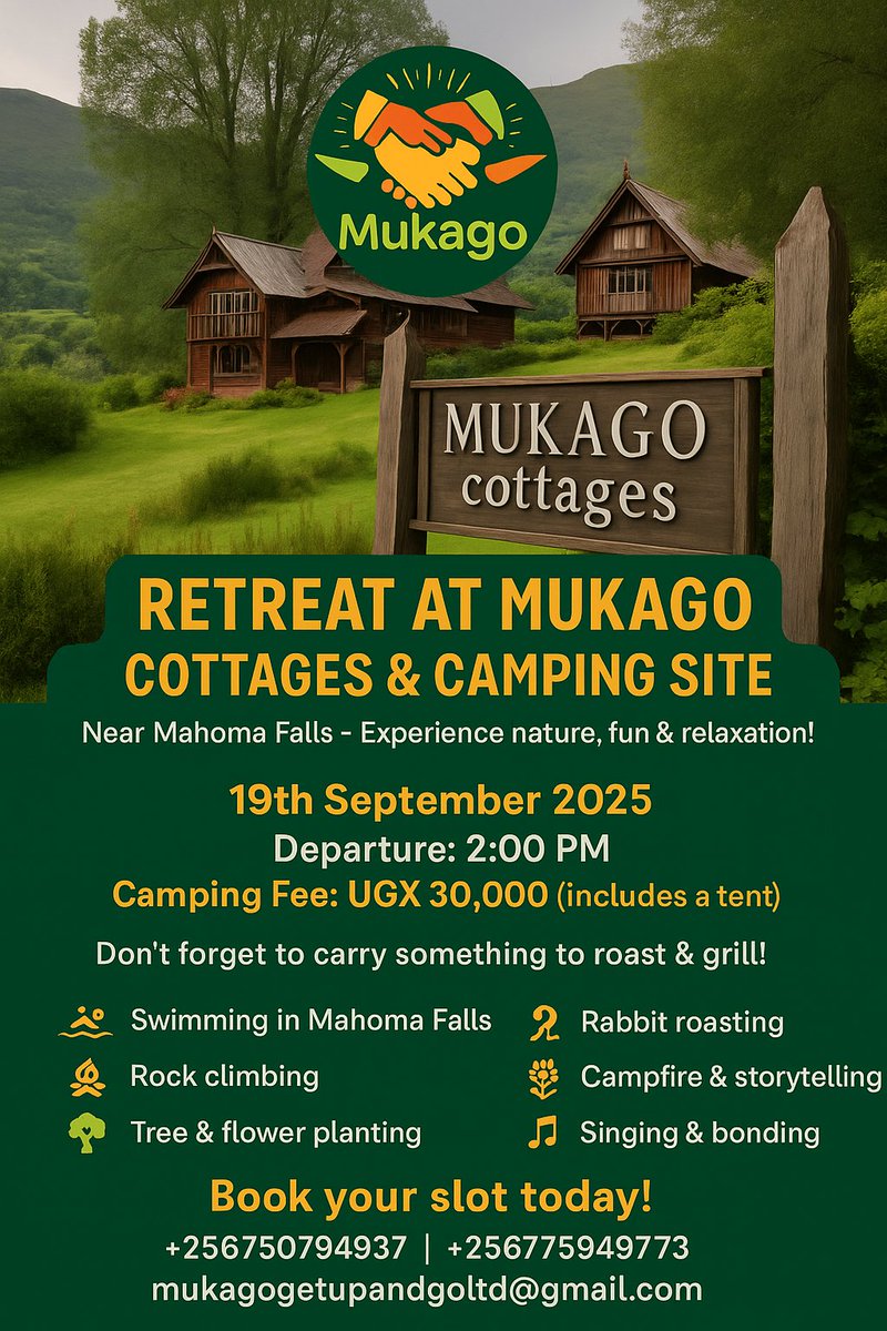 MukagoUp's tweet photo. Our retreat is tomorrow,
Carry something for the fire ๐ฅ a sweet potatoe, cassava, Roaster, goat, and don't forget its a cold night and carry your swimming costume for the falls splash and pools plus your good spirit and vibe. #Mahomafalls #Camping #visitTooro https://t.co/SakyeDOLhH