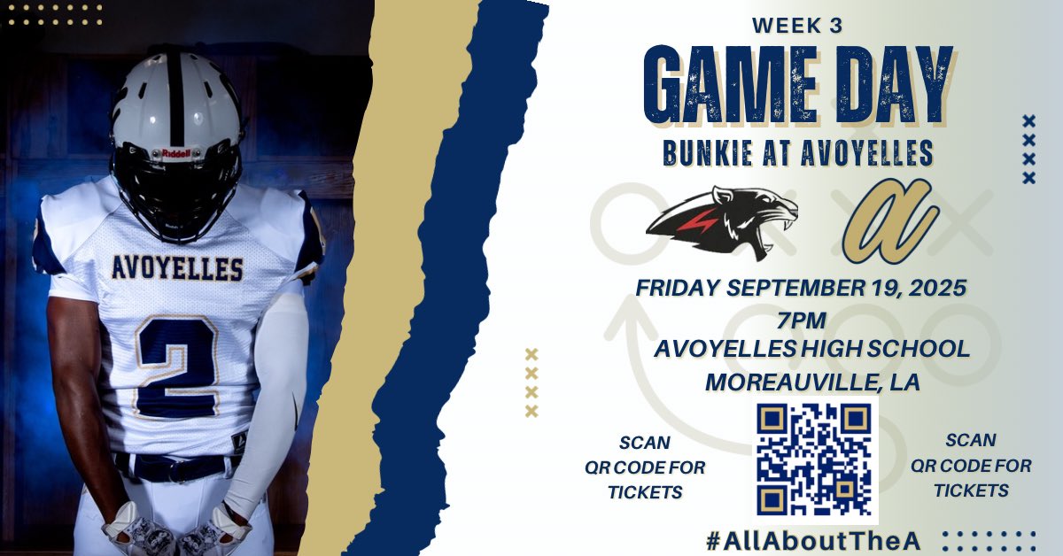 AvoyellesSports's tweet image. On Friday, September 19, the Avoyelles High Mighty Mustangs will face off against parish rival Bunkie Panthers in their 2025 home opener, starting at 7pm. To purchase tickets, click the attached link or scan the QR code. msbtickets.com/avoyelleshigh/… 
#MightyMustangs