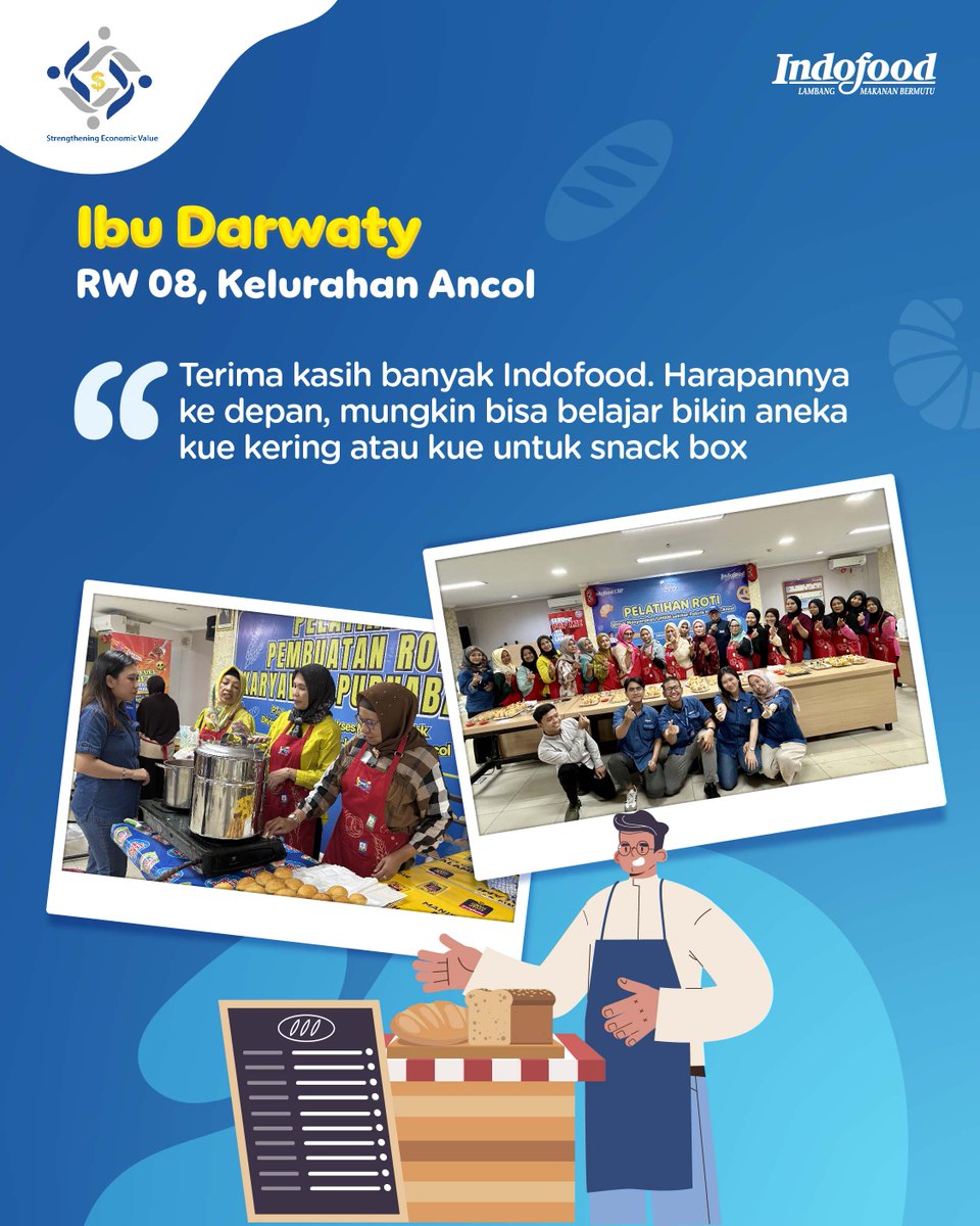 Sebagai bagian dari pilar CSR Strengthening Economic Value, Indofood kembali menghadirkan program Pelatihan Kewirausahaan “Pojok Selera”.

Program kali ini diadakan di Pabrik Noodle Cabang Ancol, Jakarta. Sebanyak 40 peserta pelaku UMKM dan warga sekitar pabrik mengikuti