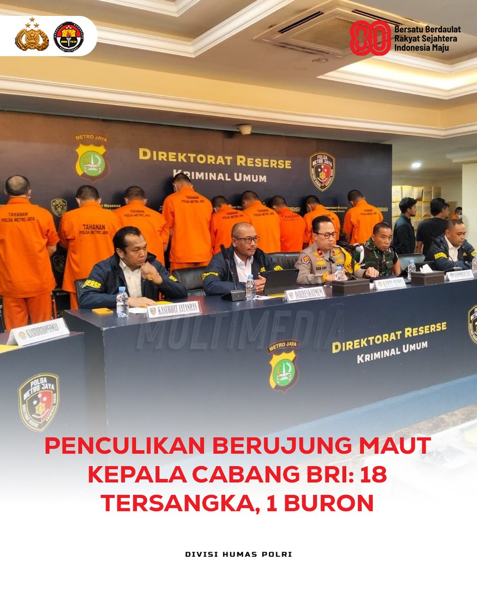 DivHumas_Polri's tweet photo. Polri melalui Polda Metro Jaya mengungkap motif di balik penculikan berujung pembunuhan Kepala Cabang BRI Cempaka Putih, MIP (37). Sebanyak 18 tersangka telah ditangkap, sementara satu pelaku berinisial EG masih buron. Para tersangka tersebut adalah C alias K, DH, AAM, JP, E, REH, JRS, AT, EWB, MU, DSD, Kopda FH, Serka N, AW, EWH, RS, dan AS. Wujud Upaya Pengabdian Maksimal Kepada Bangsa dan Terus Meningkatkan #KinerjaLayaniIndonesia

“Motif para pelaku melakukan tindak pidana ini adalah untuk memindahkan uang dari rekening dormant ke rekening penampungan yang telah disiapkan. EG berperan sebagai tim dalam klaster 4, yaitu ikut membuntuti korban,” kata Dirreskrimum Polda Metro Jaya, Kombes Pol. Wira Satya Putra, S.I.K., M.H., dalam konferensi pers di Jakarta, Selasa (16/9).