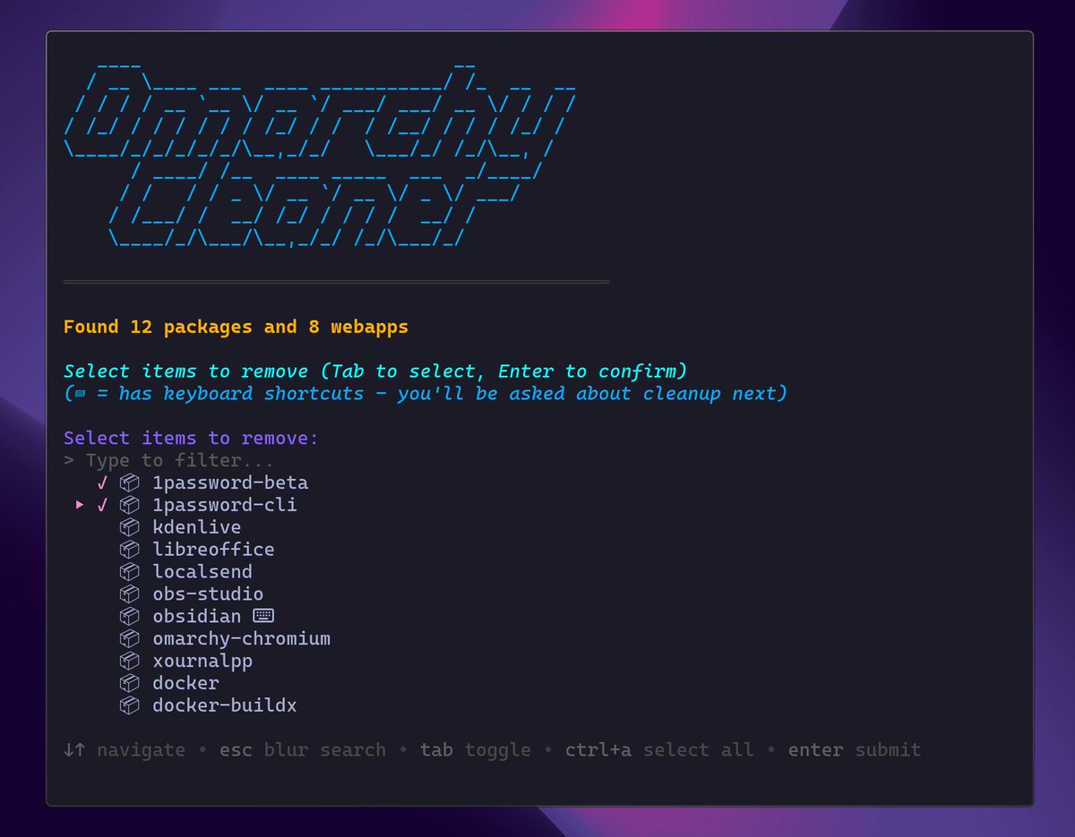 New Omarchy Cleaner is live! 🚀 Rebuilt the TUI with Gum for a much cleaner experience - app filtering, visual indicators, streamlined package &amp; webapp selection. Makes removing unwanted default apps and their keyboard shortcuts a breeze! github.com/maxart/omarchy… #omarchy